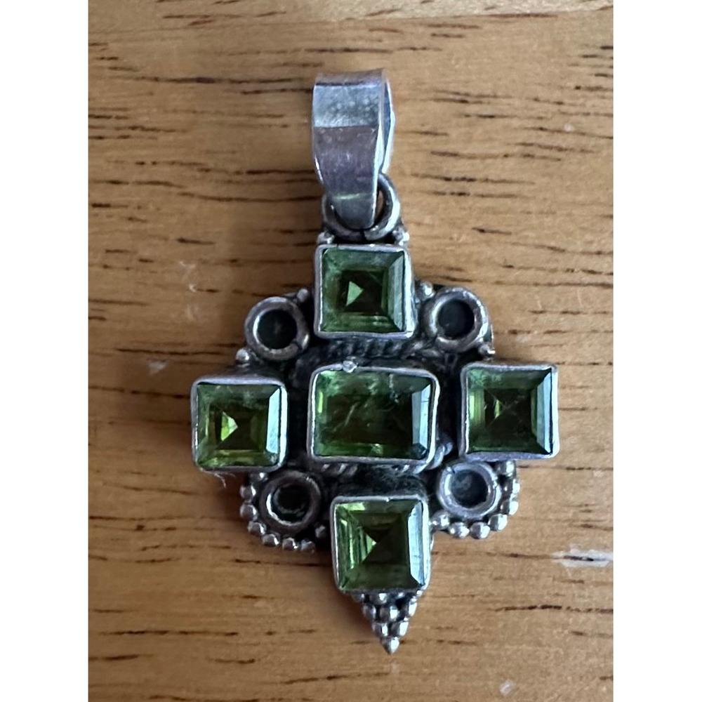 Sterling Silver Peridot Cross Pendant Green Gemstone Square Cut 925 Small READ